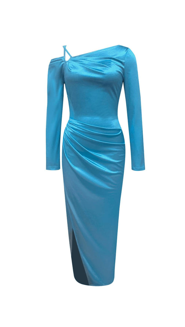 AIIZIE SATIN HIGH SPLIT HALTER NECK STRAPLESS DRESS IN MARINE BLUE - product image