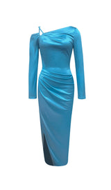 SATIN HIGH SPLIT HALTER NECK STRAPLESS DRESS IN MARINE BLUE