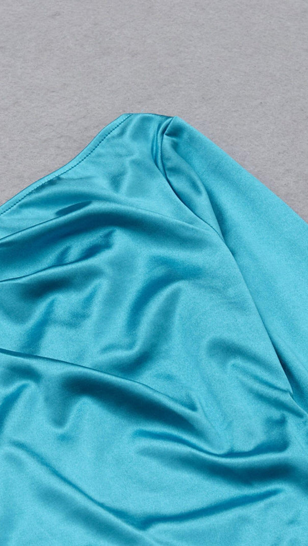 AIIZIE SATIN HIGH SPLIT HALTER NECK STRAPLESS DRESS IN MARINE BLUE - product image
