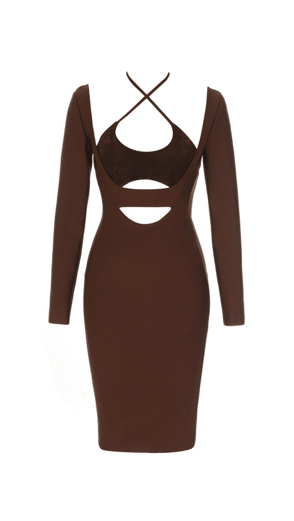 BANDAGE CUT-OUT SPITZEN PATCHWORK VERZIERTES KLEID KAFFEE