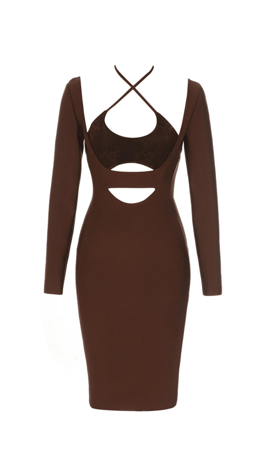 BANDAGE CUT-OUT LACE PATCHWORK EMBELLISHED DRESS COFFEE