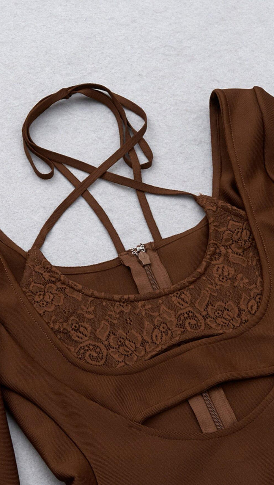 BANDAGE CUT-OUT LACE PATCHWORK EMBELLISHED DRESS COFFEE