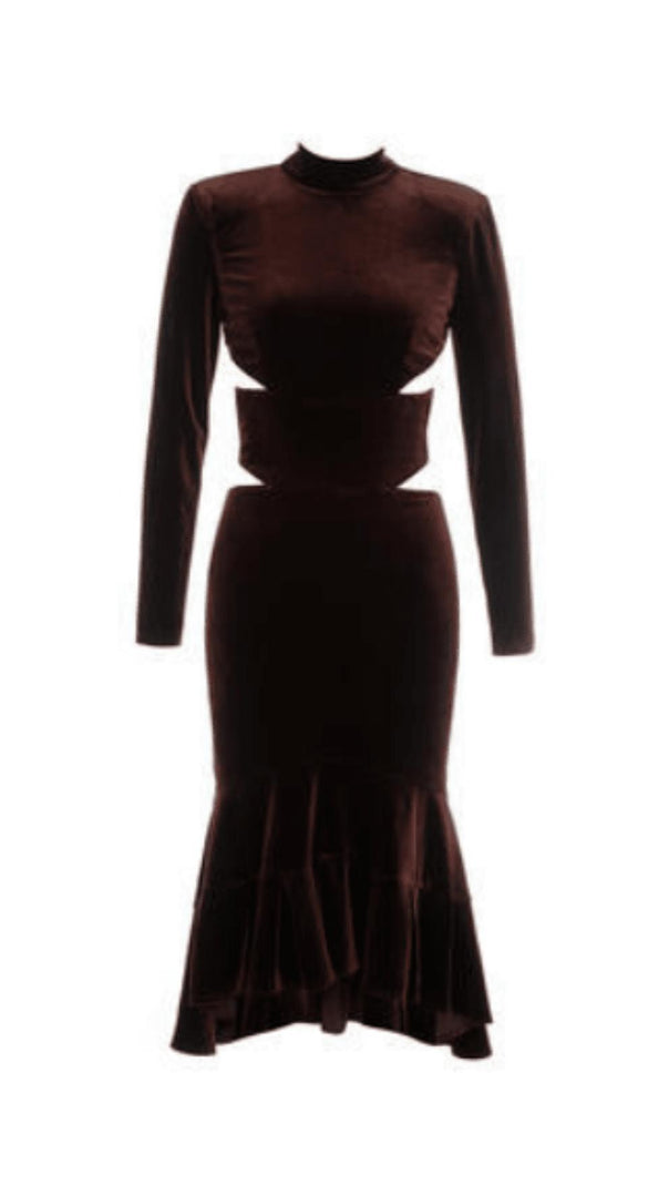 AIIZIE VELVET STRAPPY HOLLOW BACK FISHTAIL DRESS IN COFFEE - product image