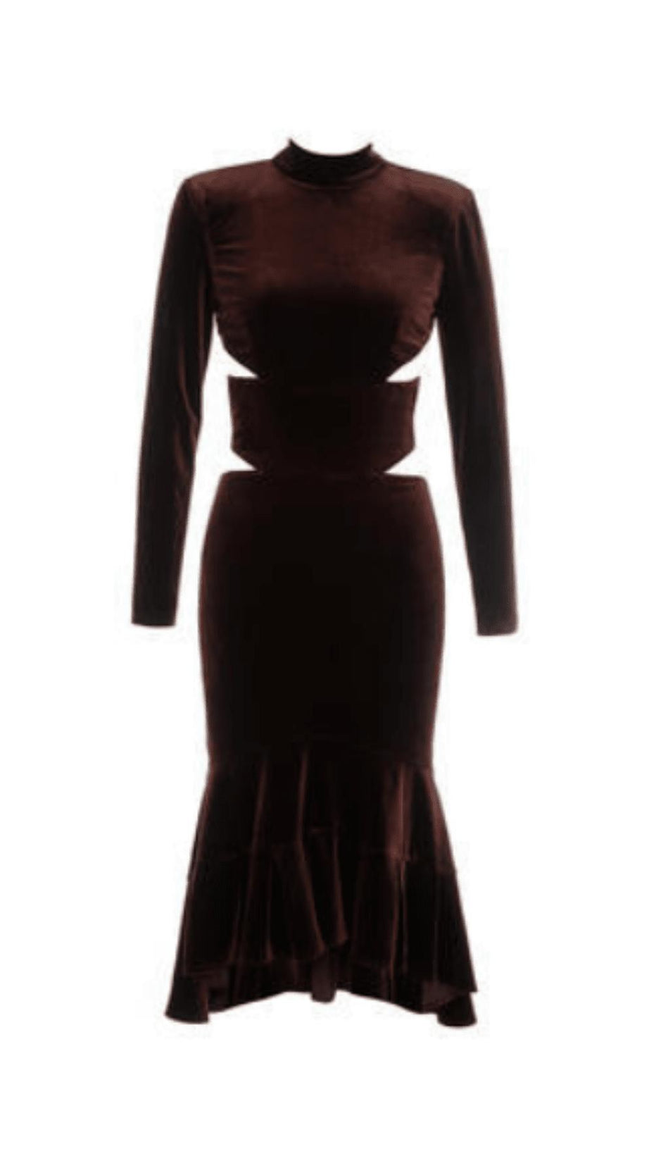 VELVET STRAPPY HOLLOW BACK FISHTAIL DRESS IN COFFEE