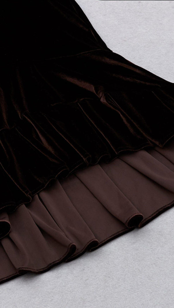 AIIZIE VELVET STRAPPY HOLLOW BACK FISHTAIL DRESS IN COFFEE - product image