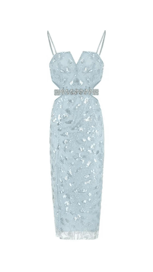AIIZIE MESH DIAMOND CUT-OUT WAISTLESS SEQUIN SPLID DRESS IN LIGHT BLUE - product image