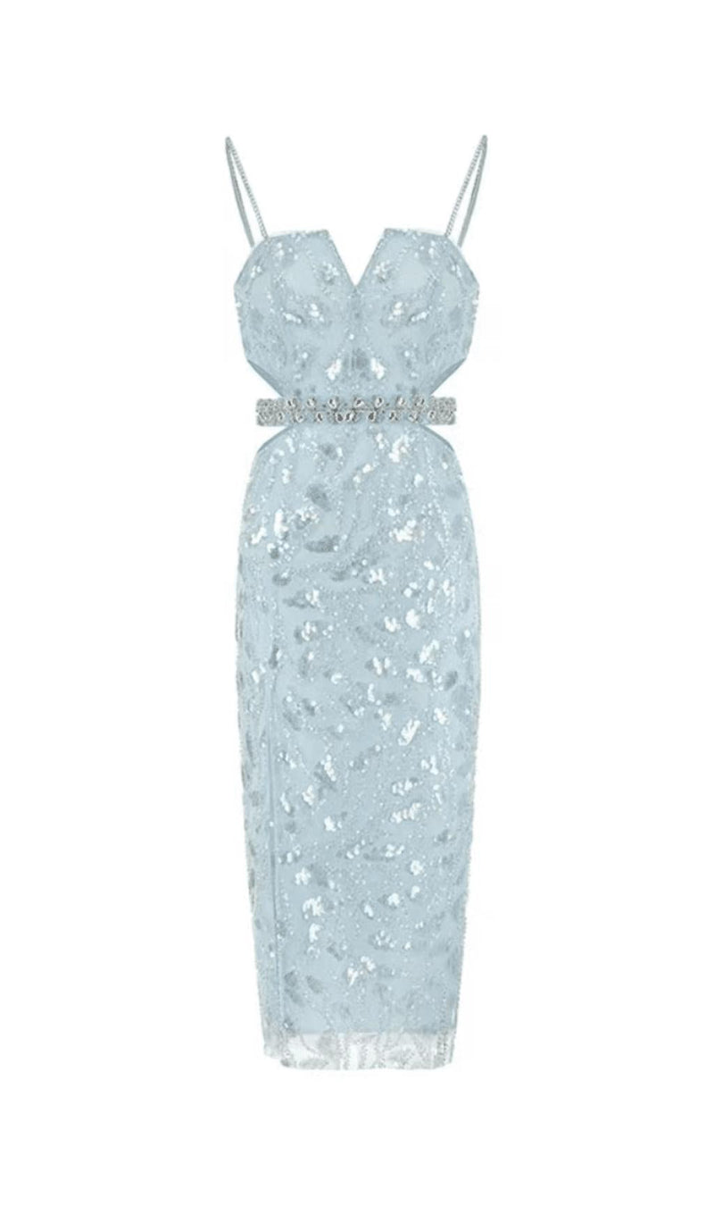 MESH DIAMOND CUT-OUT WAISTLESS SEQUIN SPLID DRESS IN LIGHT BLUE