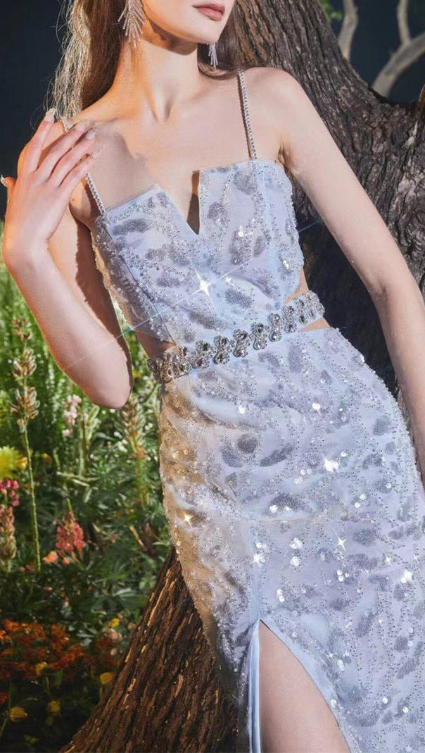 AIIZIE MESH DIAMOND CUT-OUT WAISTLESS SEQUIN SPLID DRESS IN LIGHT BLUE - product image