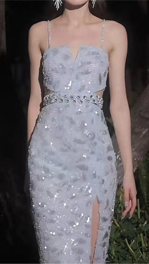 AIIZIE MESH DIAMOND CUT-OUT WAISTLESS SEQUIN SPLID DRESS IN LIGHT BLUE - product image