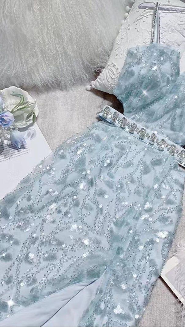 AIIZIE MESH DIAMOND CUT-OUT WAISTLESS SEQUIN SPLID DRESS IN LIGHT BLUE - product image