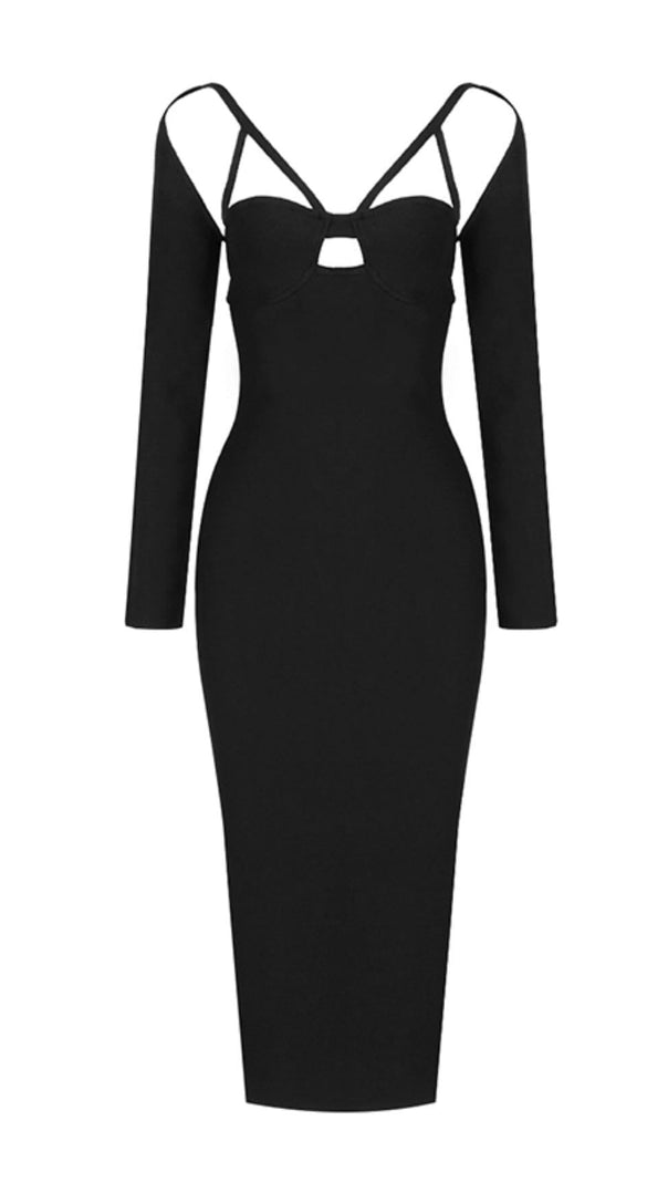 AIIZIE BANDAGE SEXY HALTER HOLLOW SKINNY SLIM MIDI DRESS IN BLACK - product image