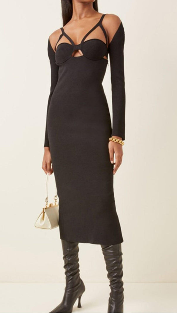 AIIZIE BANDAGE SEXY HALTER HOLLOW SKINNY SLIM MIDI DRESS IN BLACK - product image