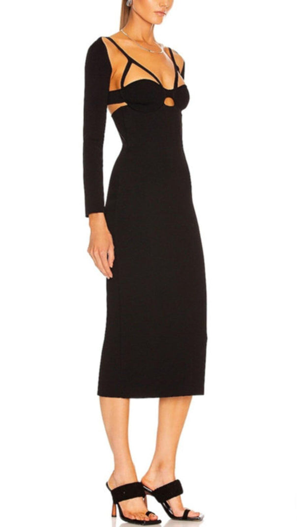 AIIZIE BANDAGE SEXY HALTER HOLLOW SKINNY SLIM MIDI DRESS IN BLACK - product image