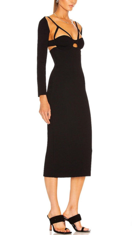 ABITO MIDI SLIM SKINNY CON SCOLLO A V E SCOLLO A V NERO