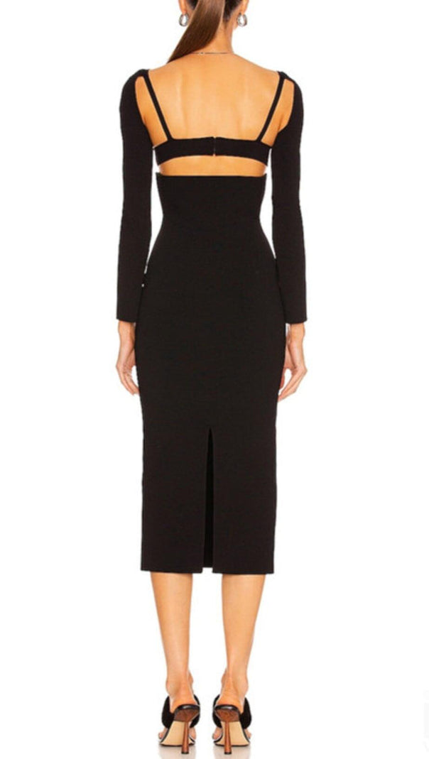 AIIZIE BANDAGE SEXY HALTER HOLLOW SKINNY SLIM MIDI DRESS IN BLACK - product image
