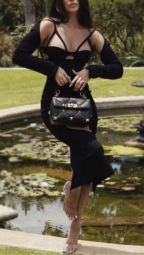 ABITO MIDI SLIM SKINNY CON SCOLLO A V E SCOLLO A V NERO