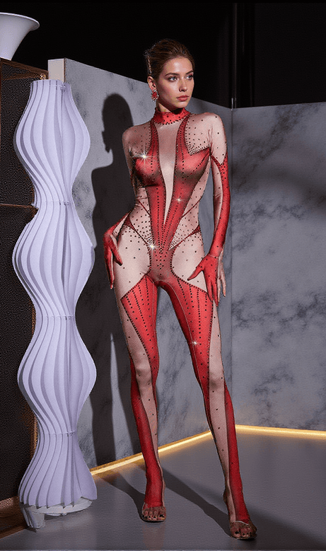 Pera Body – Roter Jumpsuit mit Strass-Handschuhen und Print