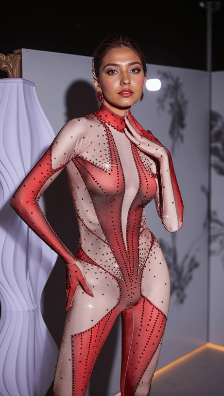 PERA BODY PRINTED RHINESTONE GLOVES JUMPSUIT IN RED
