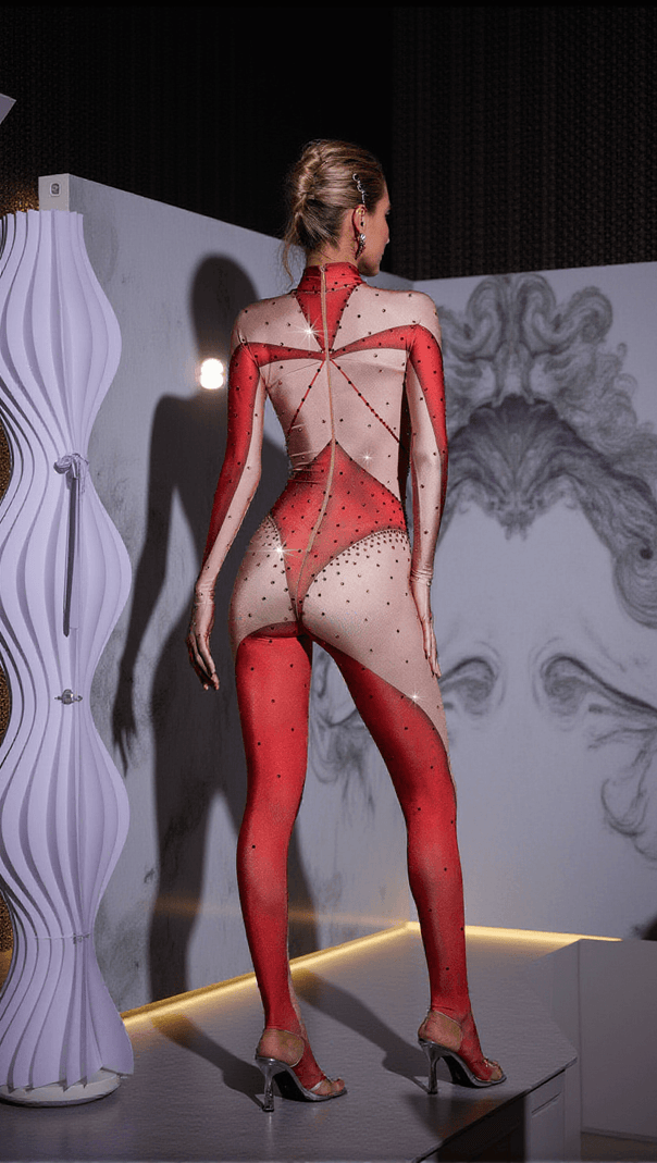 AIIZIE PERA BODY PRINTED RHINESTONE GLOVES JUMPSUIT IN RED - product image