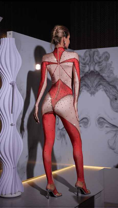 PERA BODY PRINTED RHINESTONE GLOVES JUMPSUIT IN RED