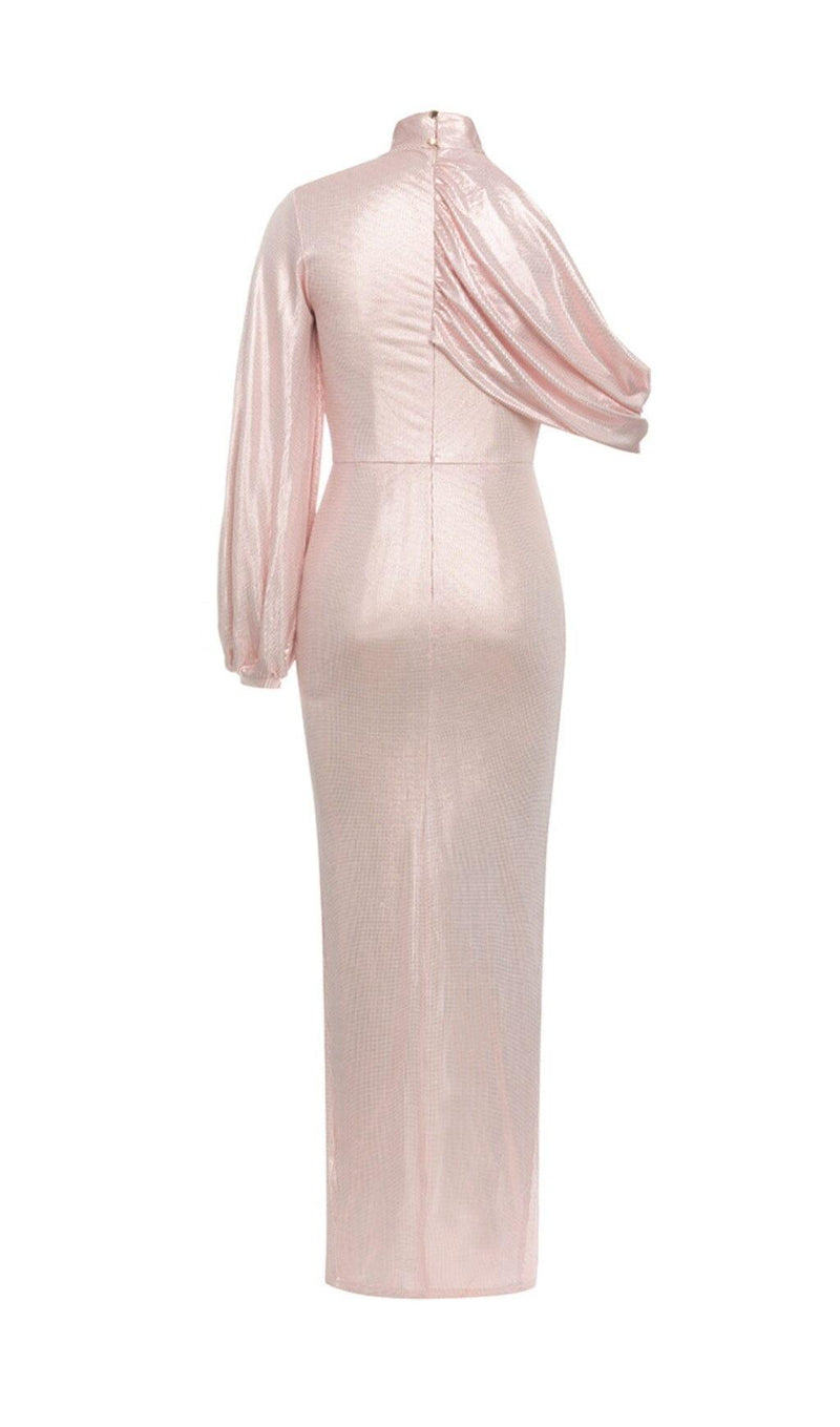 ONE-SHOULDER LONG-SLEEVE SILK SLIT DRESS