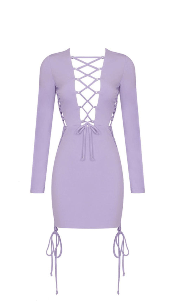 AIIZIE POLYESTER SOLID COLOUR SIMPLE LACE UP HOLLIOWED OUT ONE STEP DRESS IN LIGHT PURPLE - product image