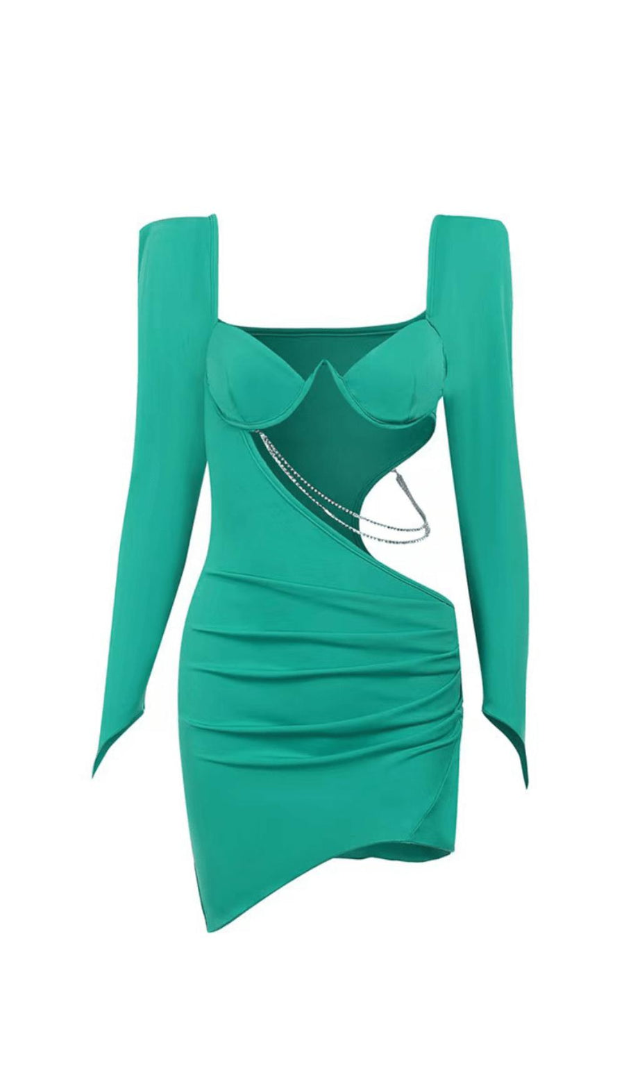 POLYESTERl SIDE HOLLEW SEXY CHAIN DRESS IN GREEN