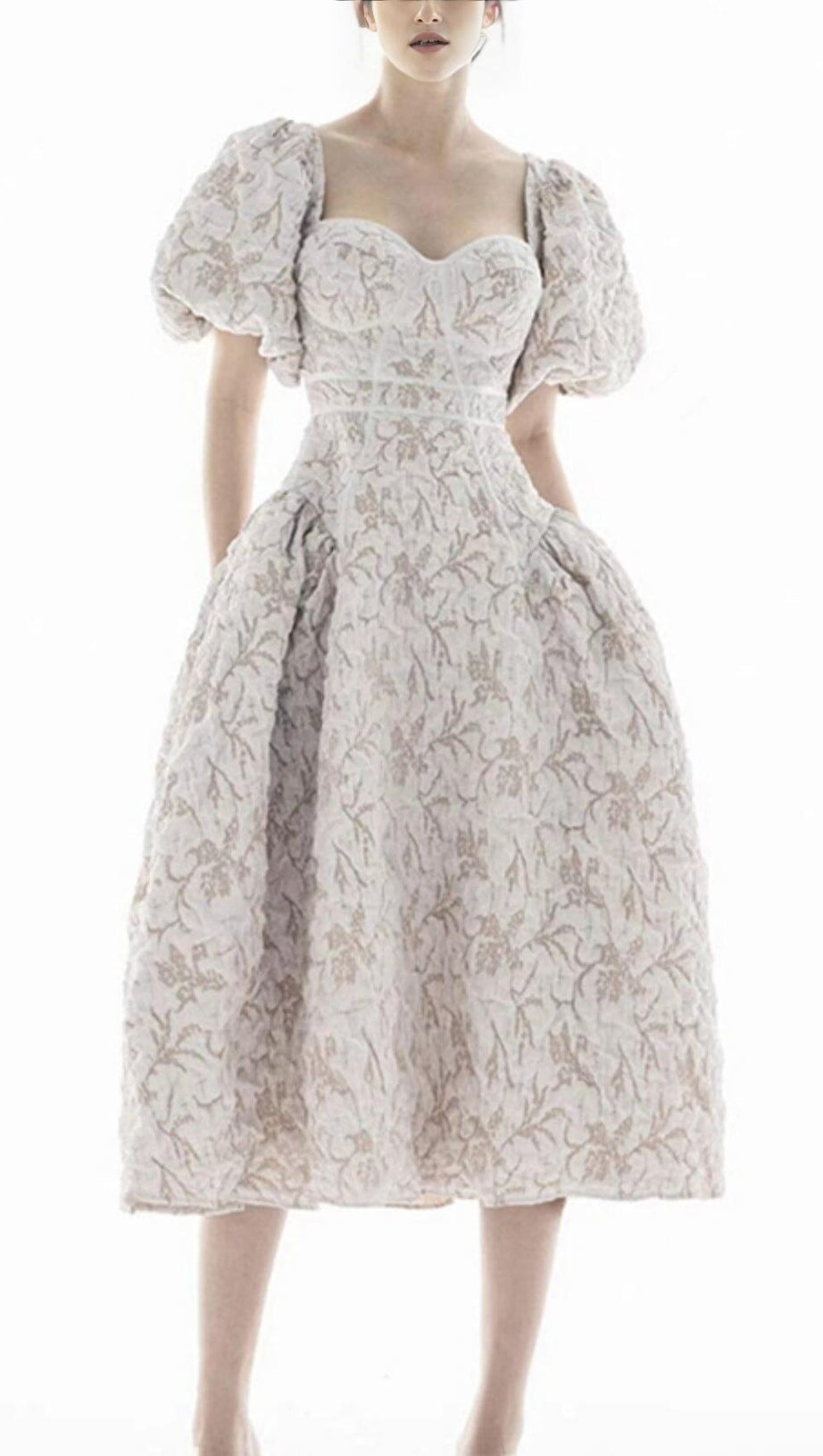 PUFF SLEEVE BUTTERFLY TIE MIDI DRESS IN IVORY