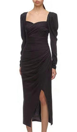 LONG SLEEVE SQUARE COLLAR MIDI DRESS IN BLACK