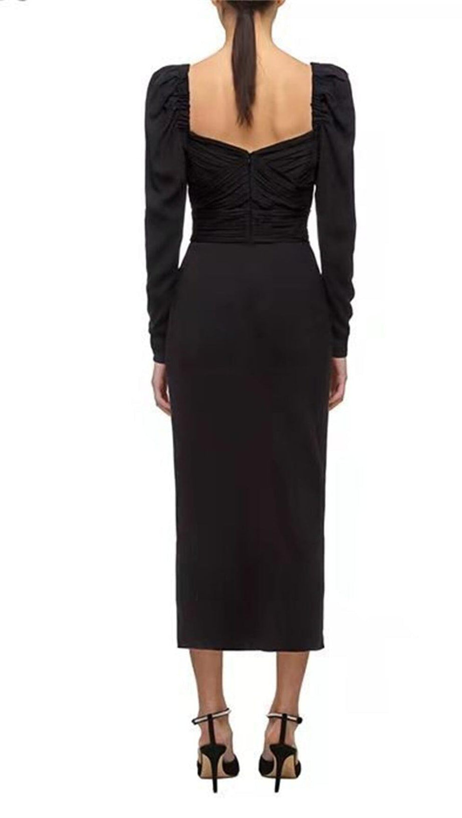 LONG SLEEVE SQUARE COLLAR MIDI DRESS IN BLACK