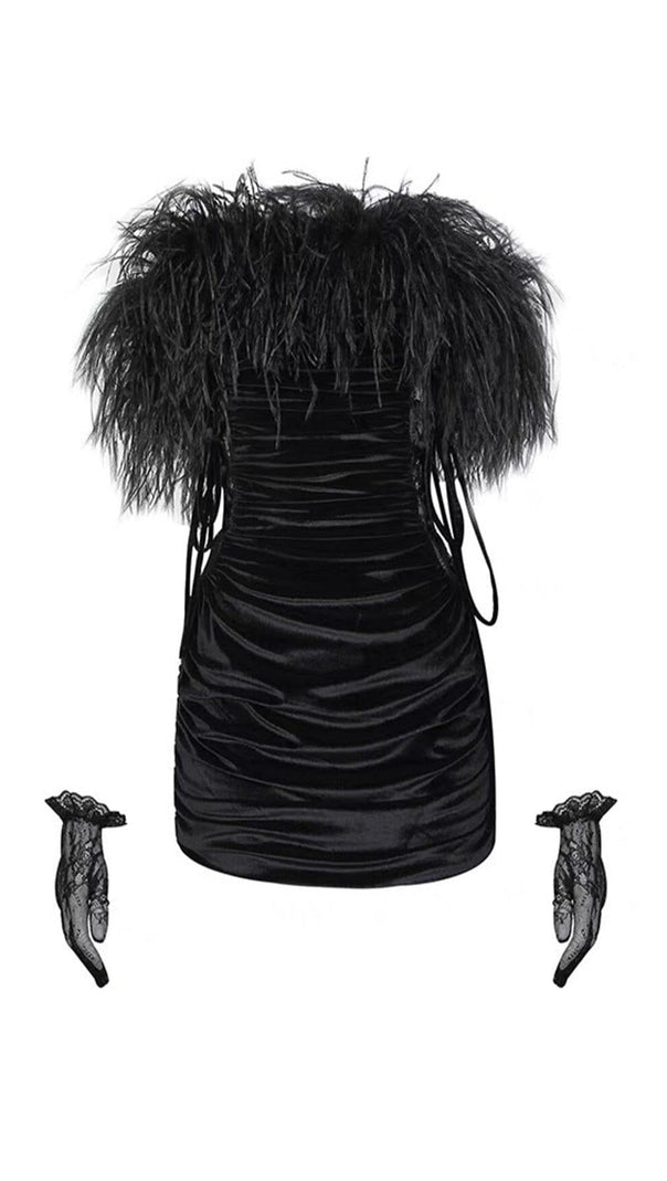 AIIZIE VELVET OFF-SHOULDER FEATHER MINI DRESS IN BLACK - product image