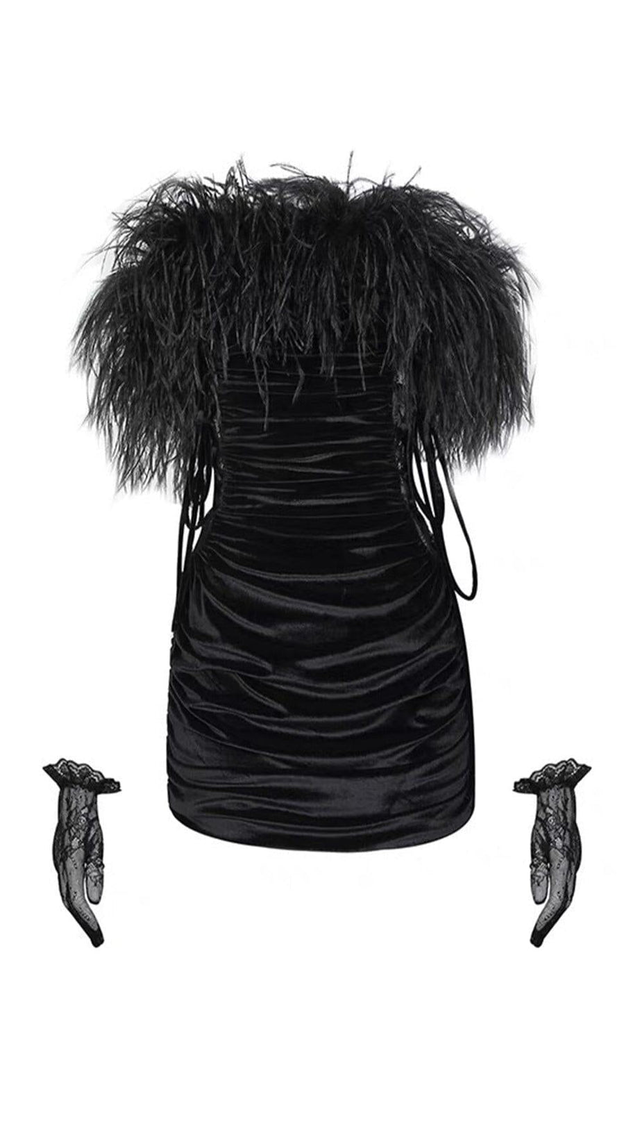 VELVET OFF-SHOULDER FEATHER MINI DRESS IN BLACK