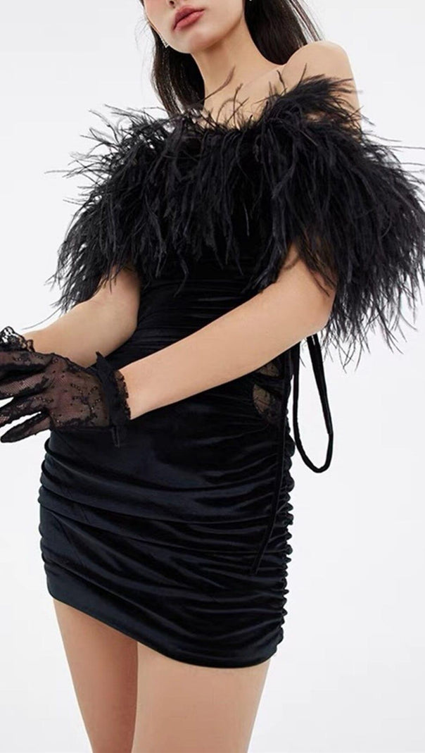 AIIZIE VELVET OFF-SHOULDER FEATHER MINI DRESS IN BLACK - product image