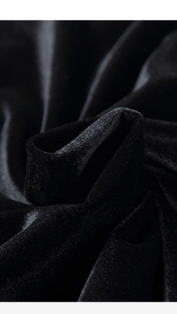 AIIZIE VELVET OFF-SHOULDER FEATHER MINI DRESS IN BLACK - product image