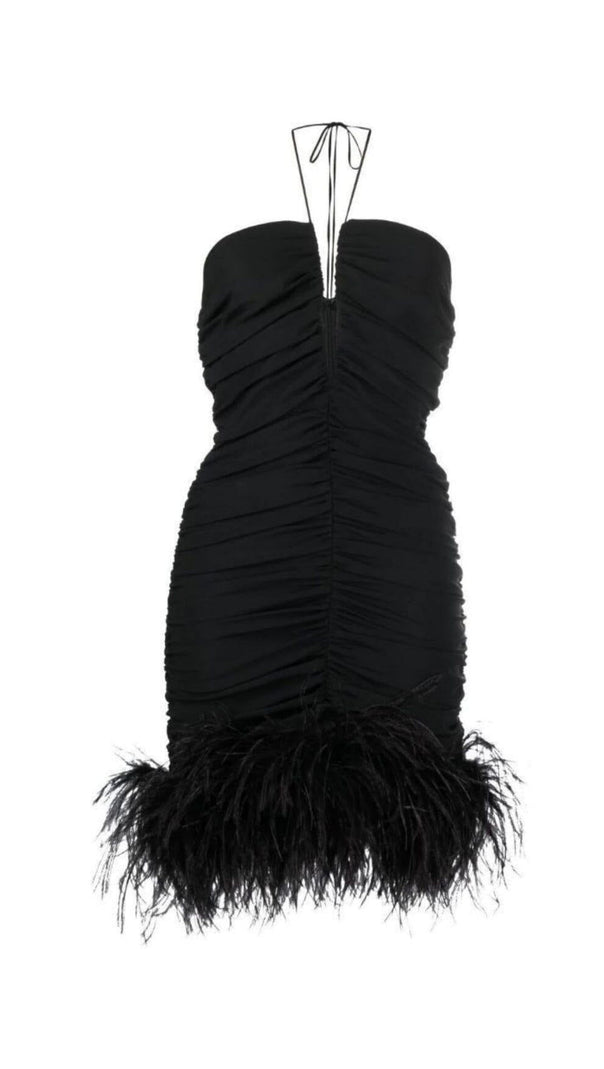 AIIZIE SEXY STRETCH OFF-SHOULDER FEATHER MINI DRESS IN BLACK - product image
