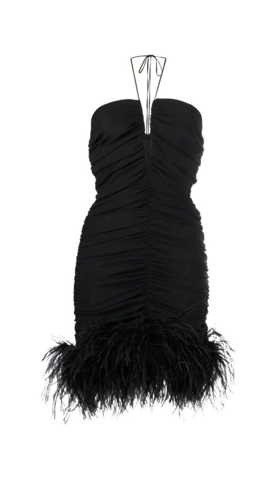 SEXY STRETCH OFF-SHOULDER FEATHER MINI DRESS IN BLACK