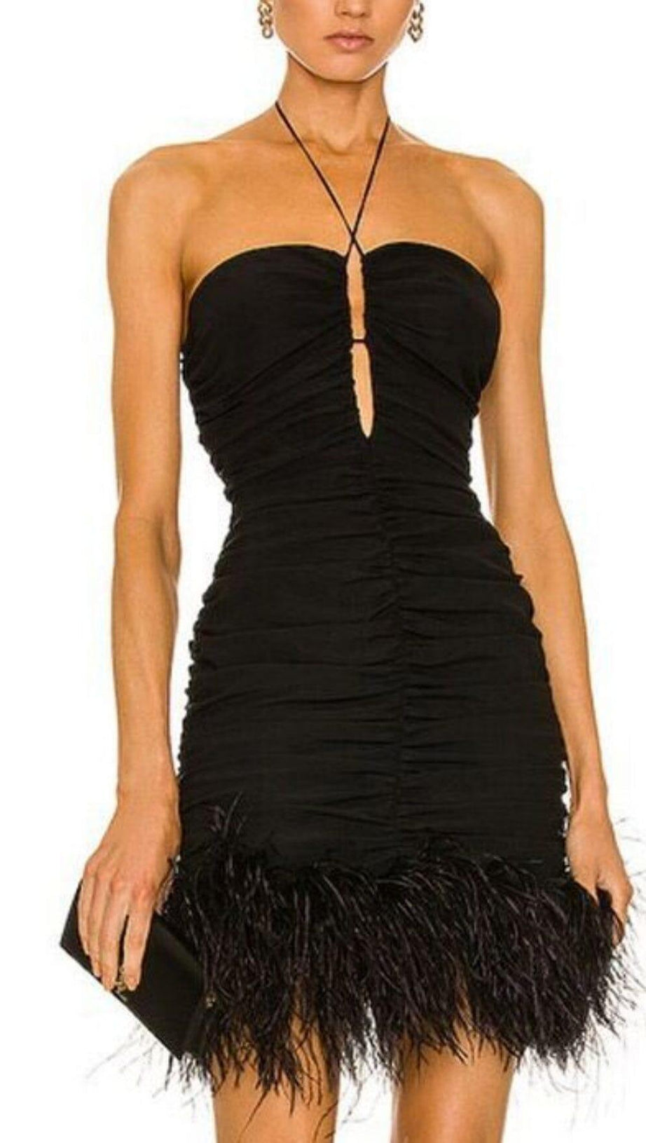 MINIABITO ELASTICIZZATO SEXY CON PIUME E SPALLE SCOPERTE NERO