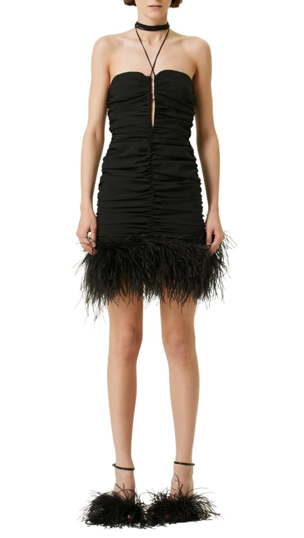 AIIZIE SEXY STRETCH OFF-SHOULDER FEATHER MINI DRESS IN BLACK - product image
