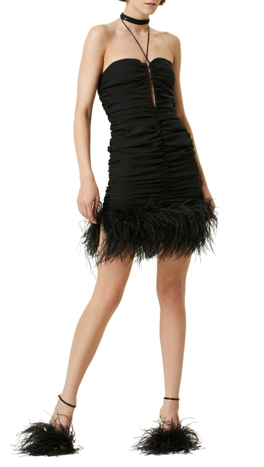 MINIABITO ELASTICIZZATO SEXY CON PIUME E SPALLE SCOPERTE NERO