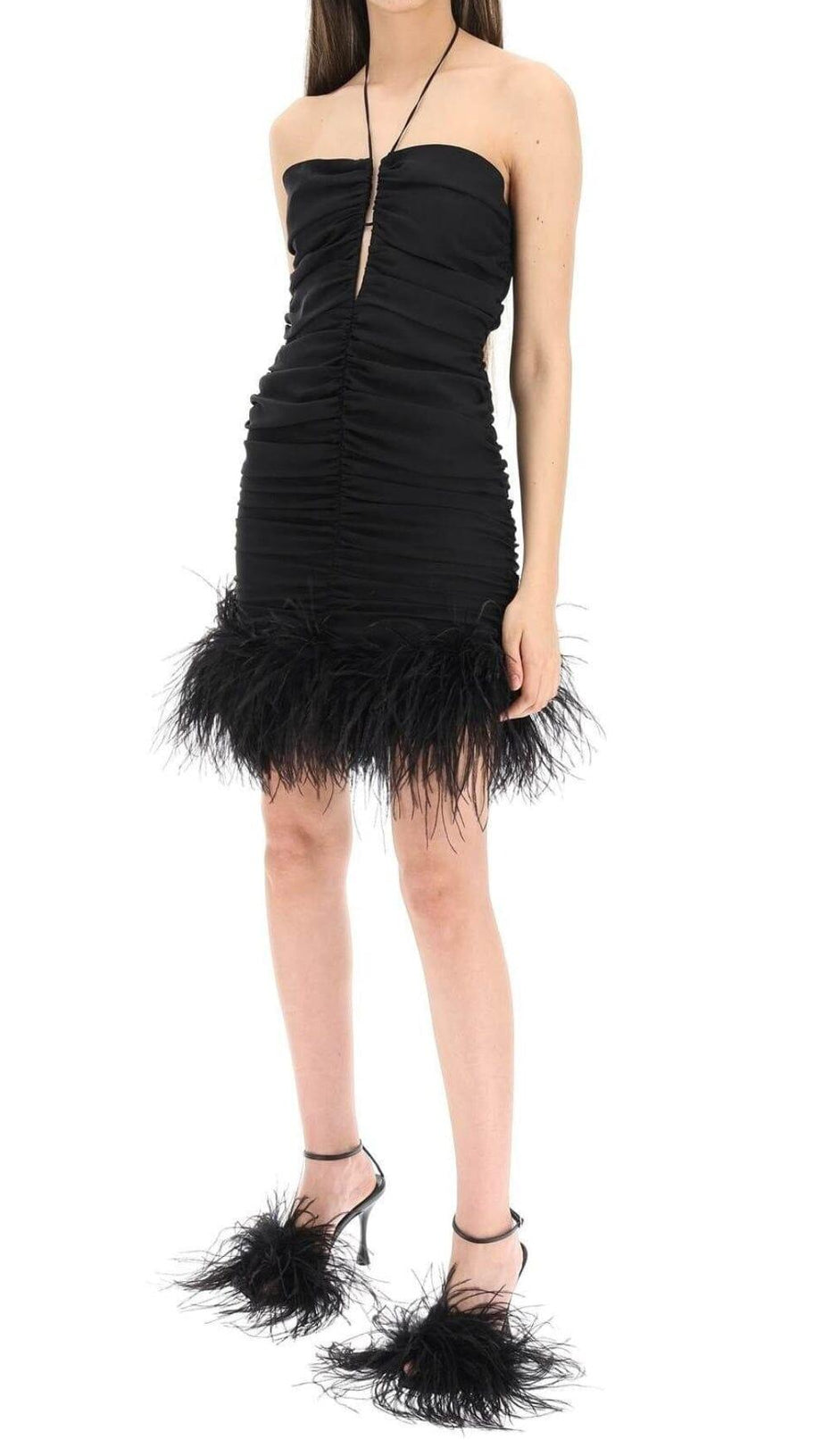 MINIABITO ELASTICIZZATO SEXY CON PIUME E SPALLE SCOPERTE NERO