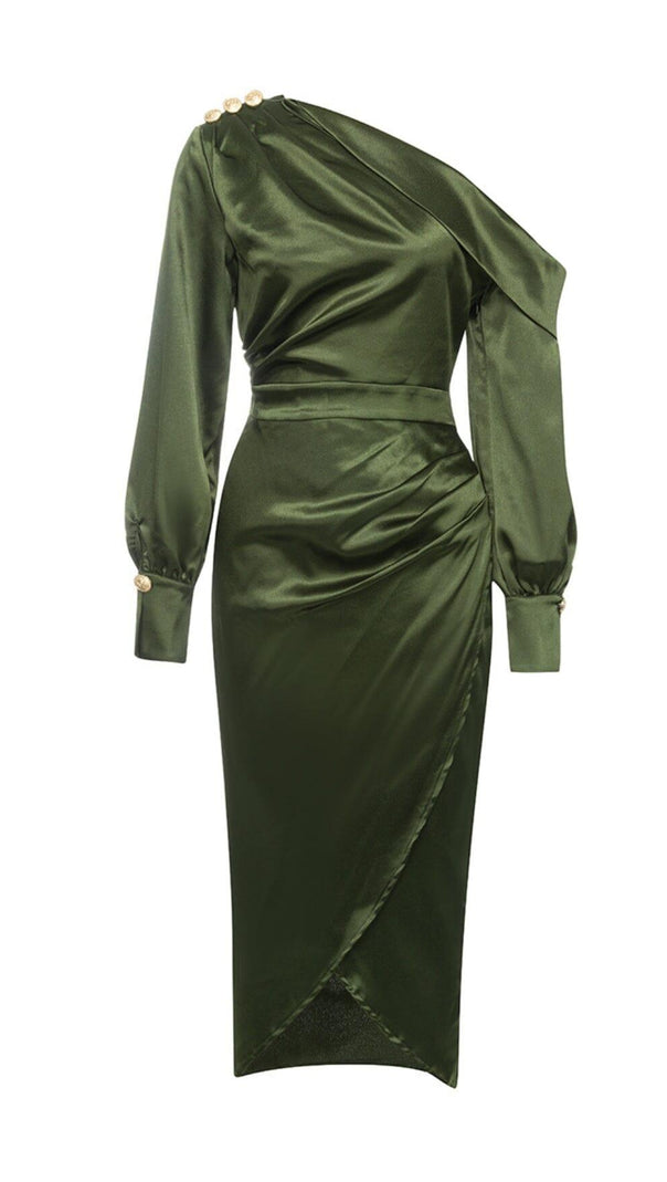 AIIZIE ONE-SHOULDER LONG-SLEEVE SILK PLEATED HIP DRESS - product image