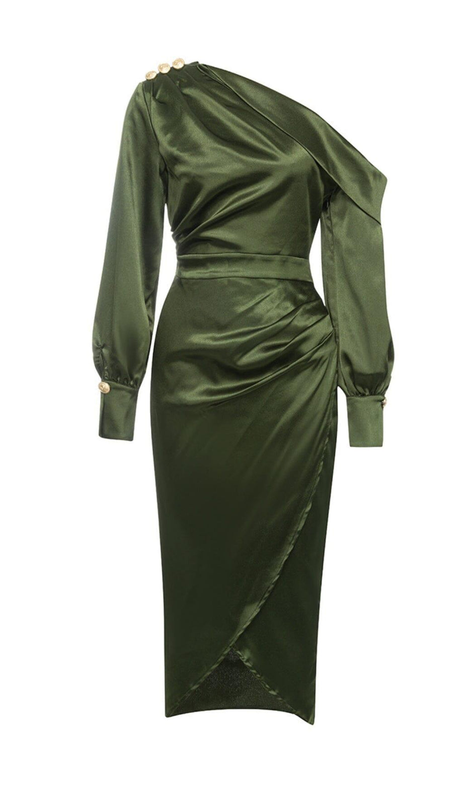 EINSCHULTERIGES LANGARM-SEIDENKLEID MIT PLISSEE