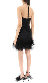 SEXY STRETCH OFF-SHOULDER FEATHER MINI DRESS IN BLACK