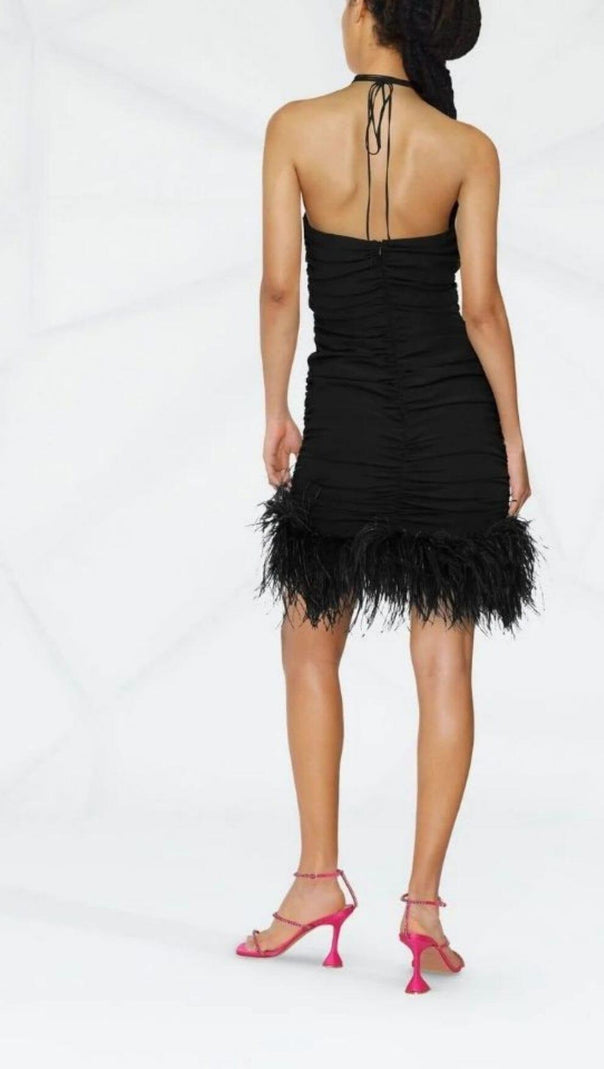 AIIZIE SEXY STRETCH OFF-SHOULDER FEATHER MINI DRESS IN BLACK - product image