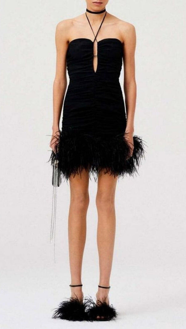 AIIZIE SEXY STRETCH OFF-SHOULDER FEATHER MINI DRESS IN BLACK - product image