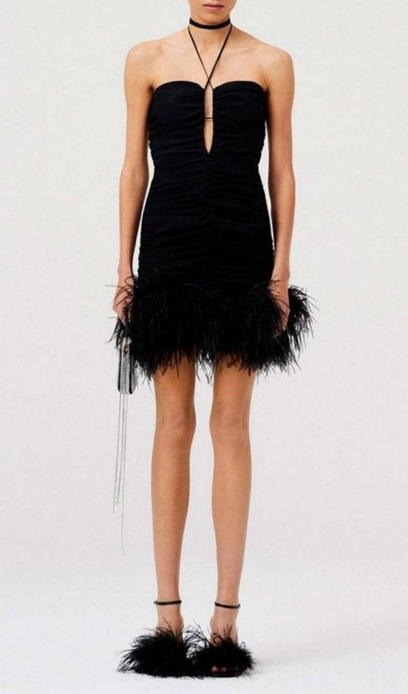 SEXY STRETCH OFF-SHOULDER FEATHER MINI DRESS IN BLACK