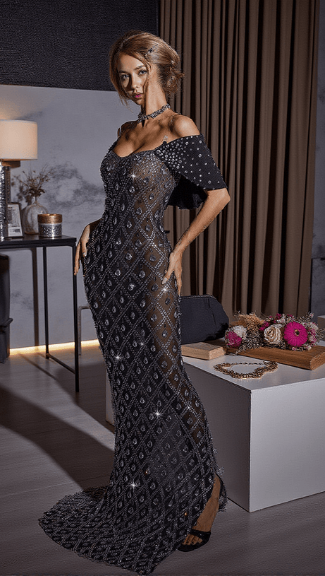 LUCCA RHINESTONE MESH MAXI DRESS