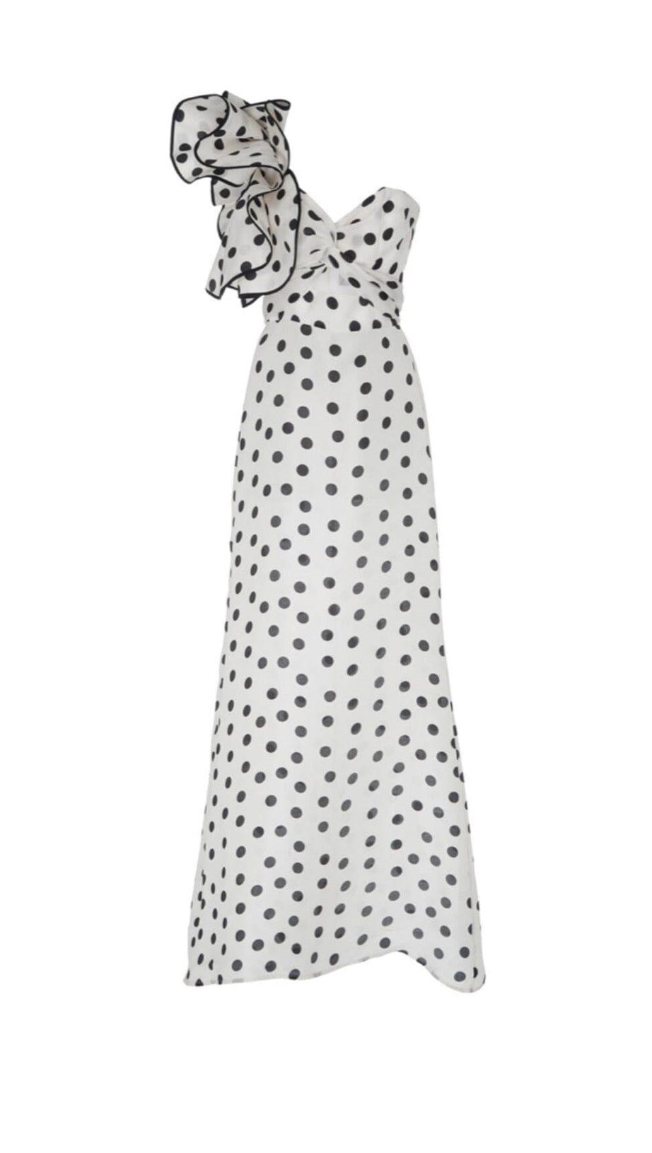 CROSS-SHOULDER FISHTAIL DRESS IN POLKA DOT