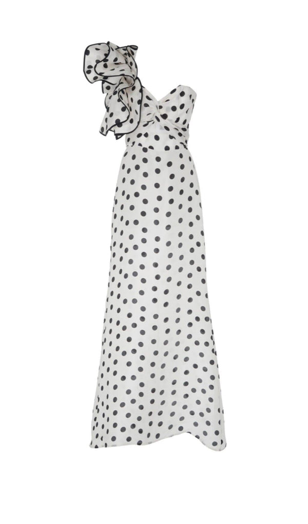 CROSS-SHOULDER FISHTAIL DRESS IN POLKA DOT