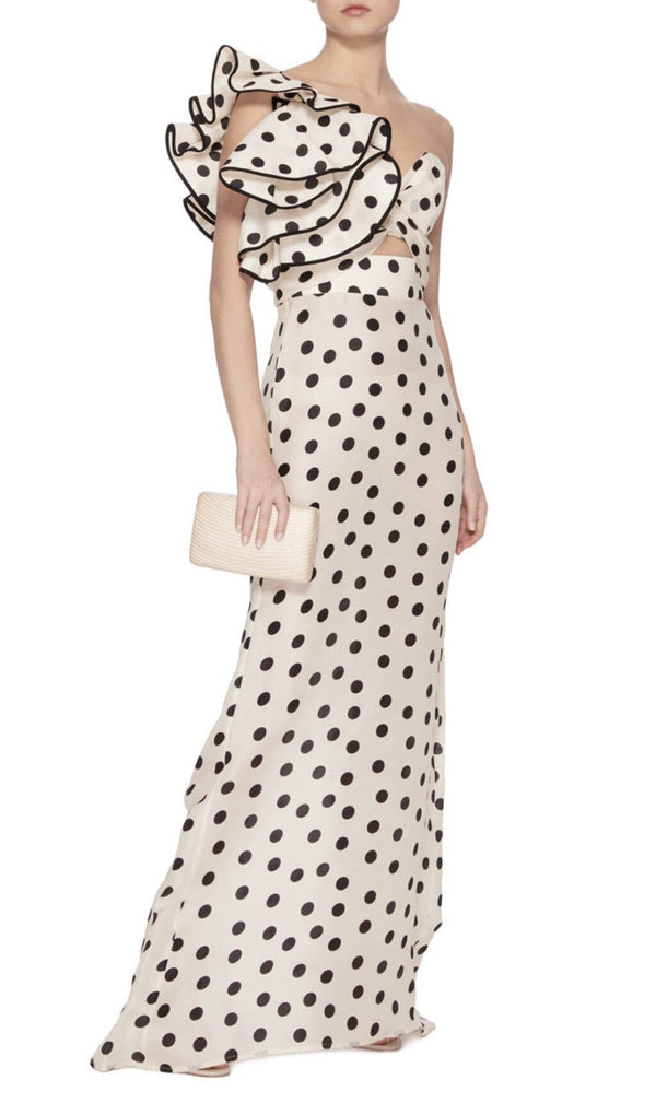 CROSS-SHOULDER FISHTAIL DRESS IN POLKA DOT